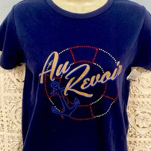 AU REVOIR TEE NAVY BLUE COTTON SHINY NEW SHORT SLEEVE size S